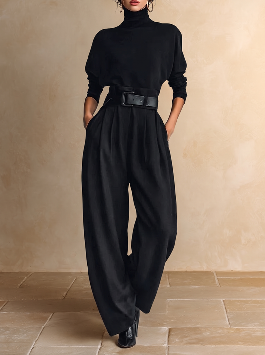 Jolanda | Ensemble col roulé et pantalon avec ceinture, noir