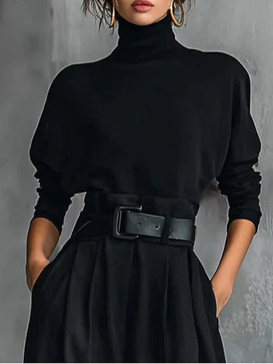 Jolanda | Ensemble col roulé et pantalon avec ceinture, noir