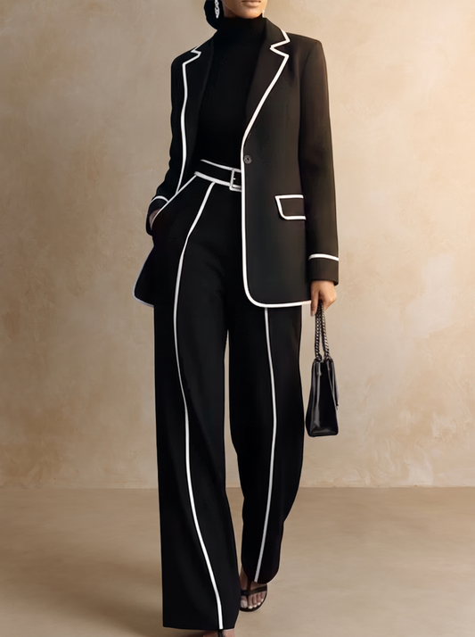 Clementina | Ensemble blazer et pantalon à liserés contrastants, noir