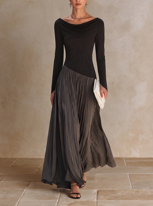 Virginia | Robe maxi plissée à col drapé, noire et grise