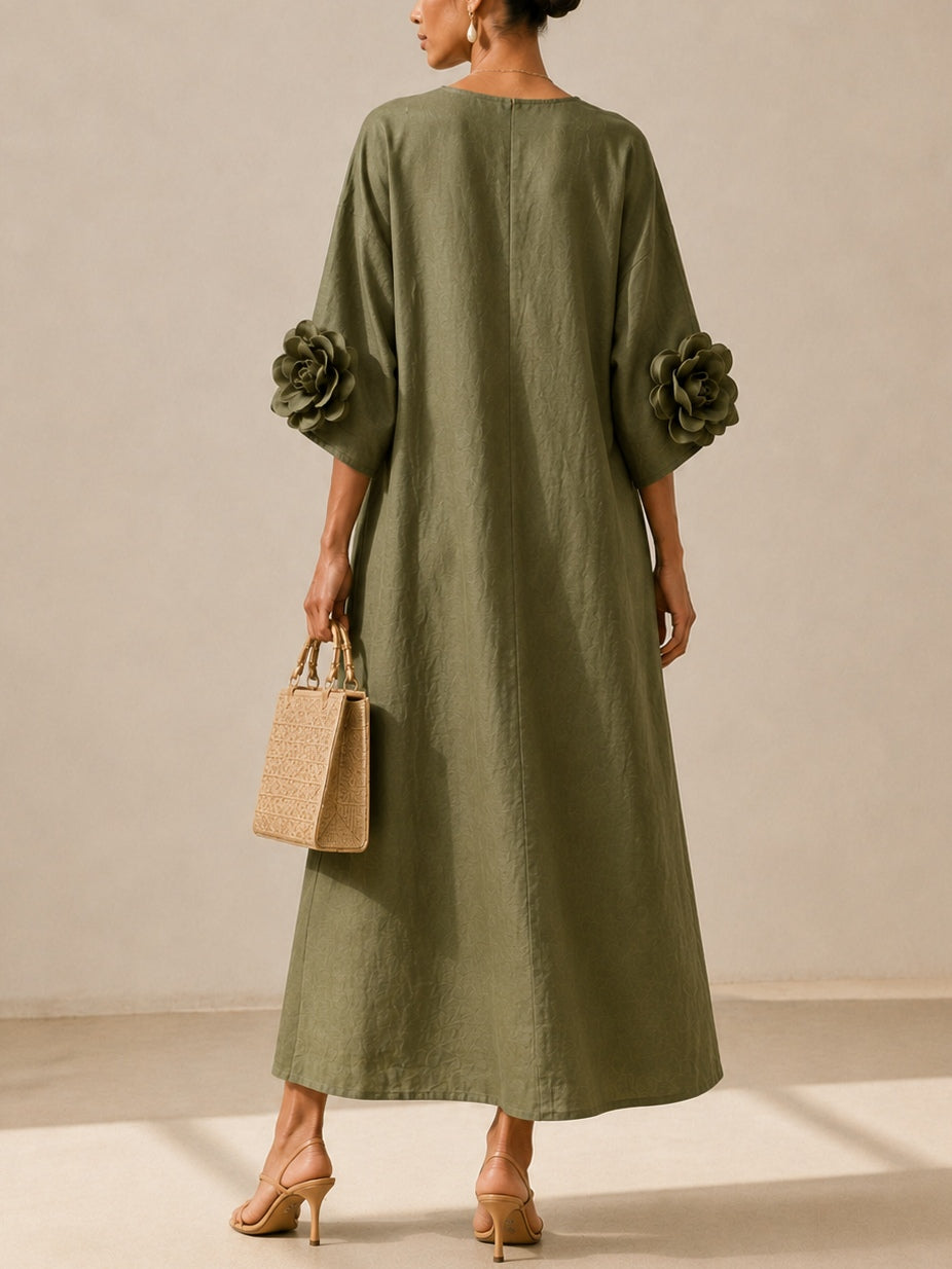 Floriana | Robe midi à fleurs appliquées sur les manches, vert olive