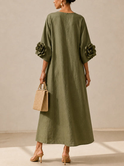 Floriana | Robe midi à fleurs appliquées sur les manches, vert olive