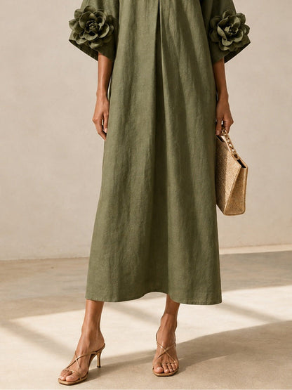 Floriana | Robe midi à fleurs appliquées sur les manches, vert olive