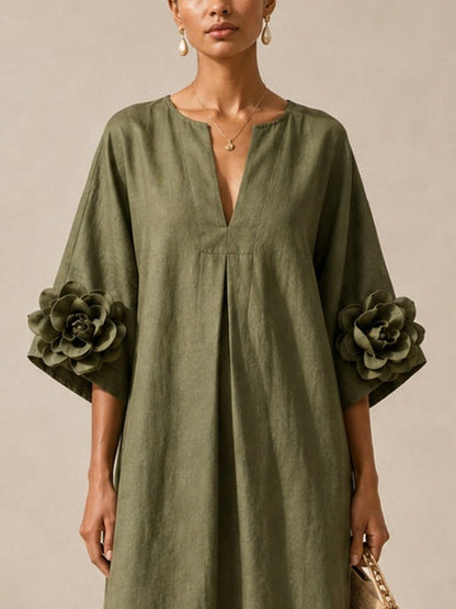 Floriana | Robe midi à fleurs appliquées sur les manches, vert olive
