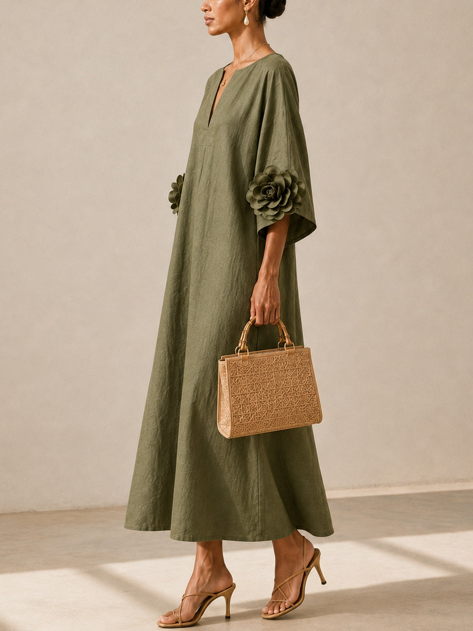 Floriana | Robe midi à fleurs appliquées sur les manches, vert olive