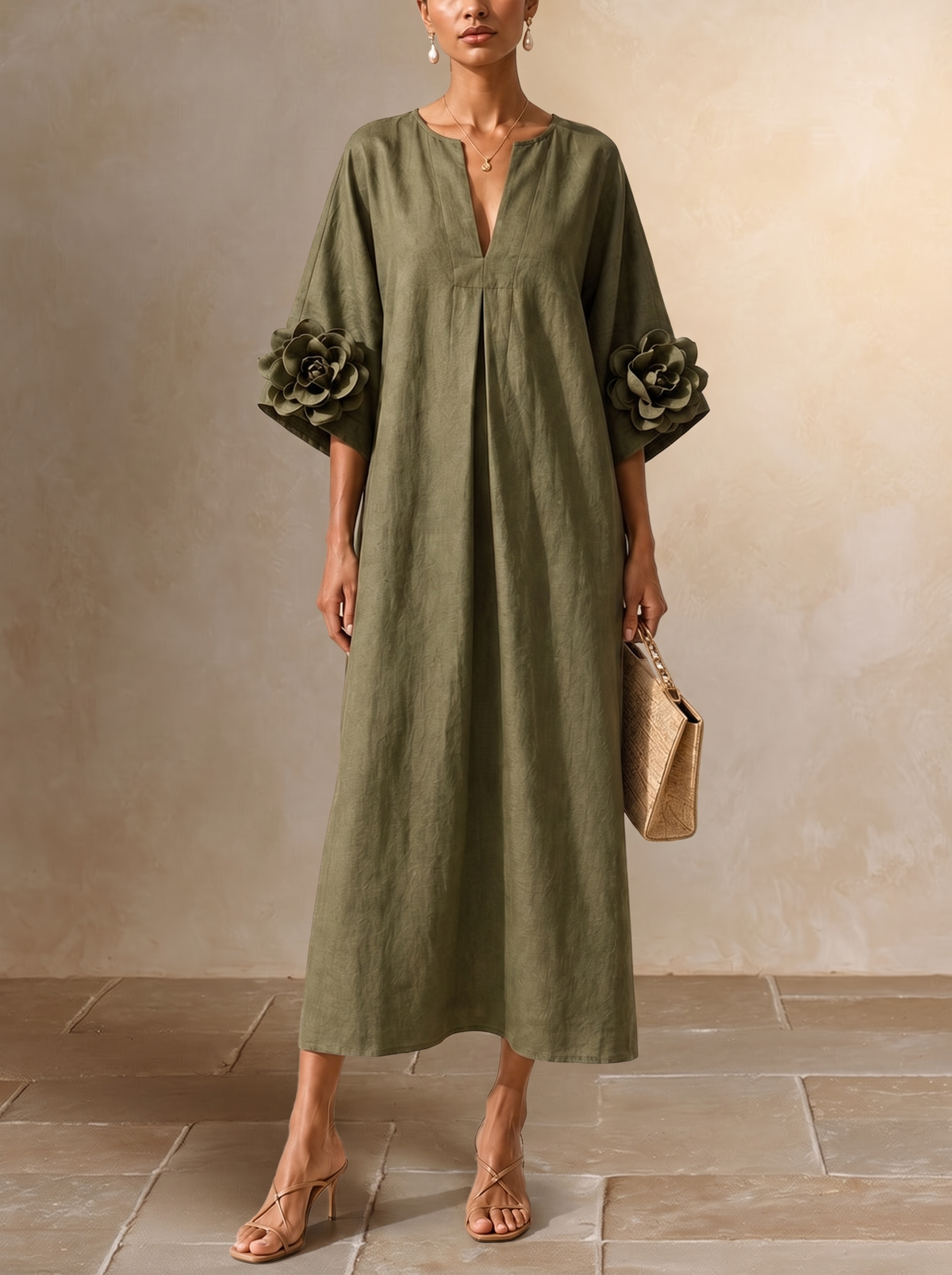 Floriana | Robe midi à fleurs appliquées sur les manches, vert olive