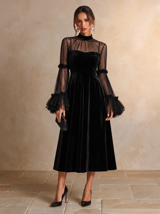 Berenice | Robe midi noire en velours à manches en tulle