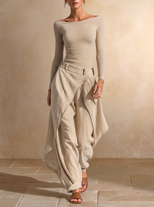 Orsola | Ensemble beige, haut à col bateau et pantalon à pans