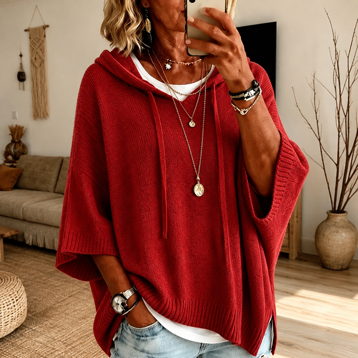 Clarice | Pull poncho à capuche, rouge
