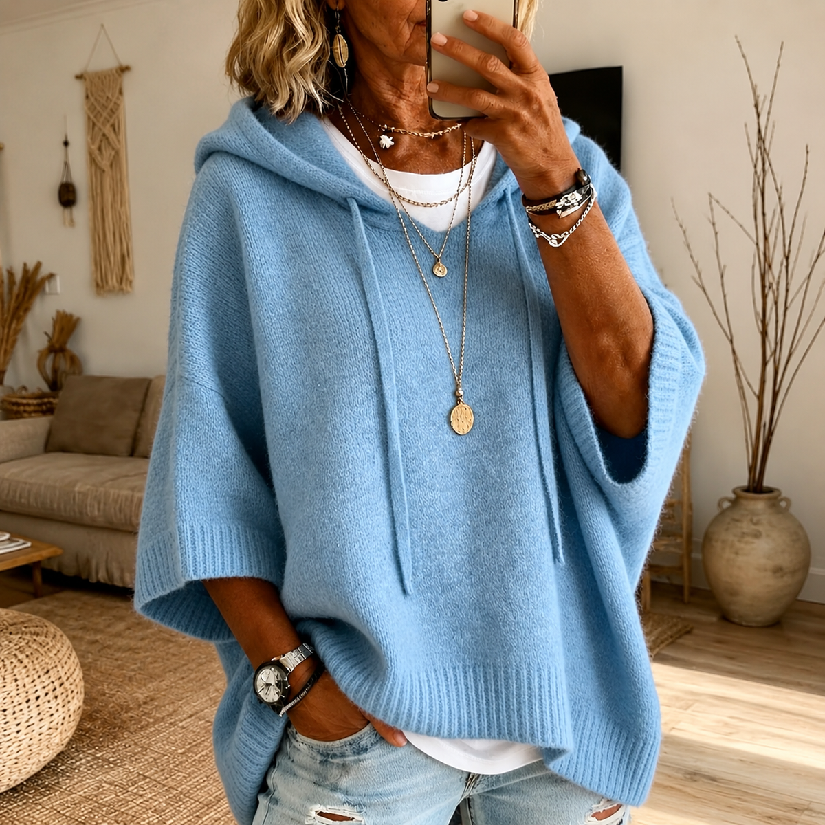 Licia | Pull poncho à capuche, bleu ciel