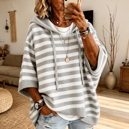 Selene | Pull poncho rayé à capuche, gris
