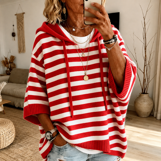 Carla | Pull poncho rayé à capuche, rouge