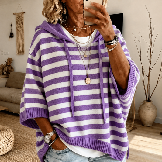 Anna | Pull poncho rayé à capuche, violet