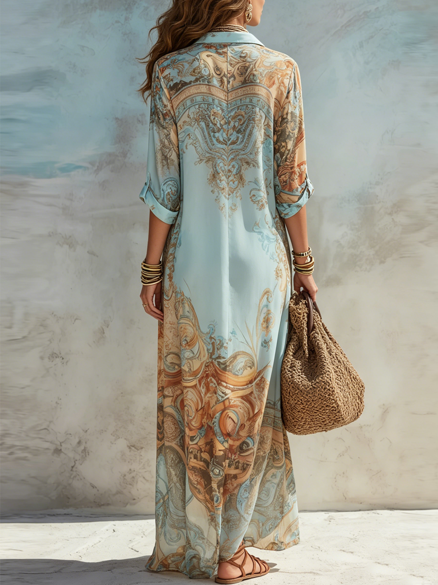 Velia | Robe chemise maxi à imprimé baroque, bleu ciel