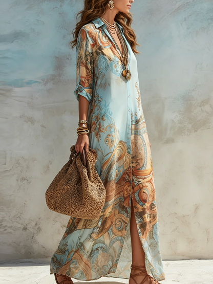 Velia | Robe chemise maxi à imprimé baroque, bleu ciel