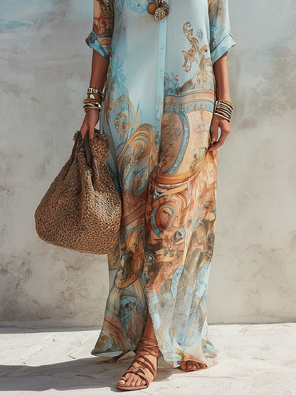 Velia | Robe chemise maxi à imprimé baroque, bleu ciel