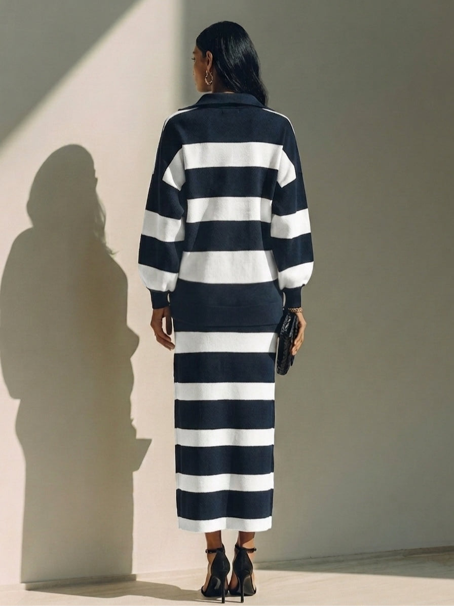 Diletta | Ensemble rayé avec haut demi-zippé et jupe midi