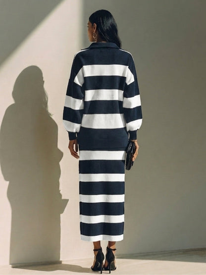 Diletta | Ensemble rayé avec haut demi-zippé et jupe midi