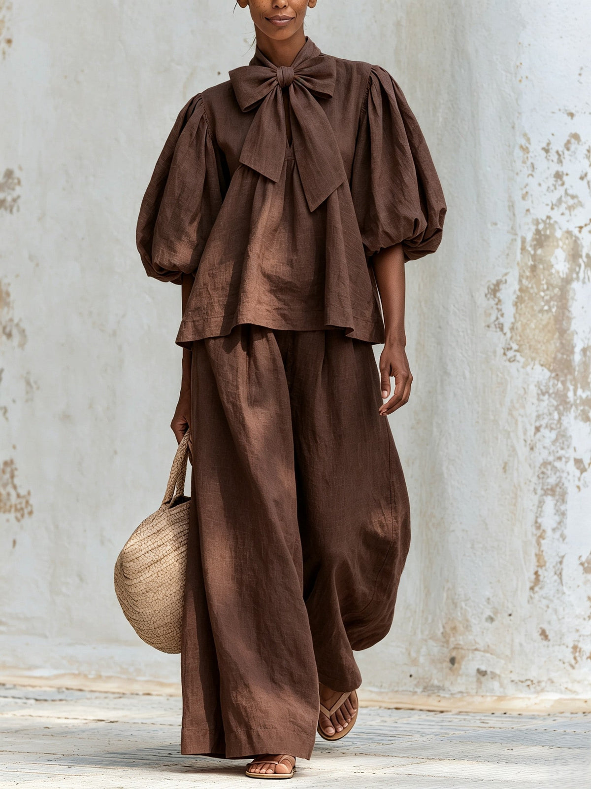 Fiorella | Ensemble haut à nœud et pantalon palazzo