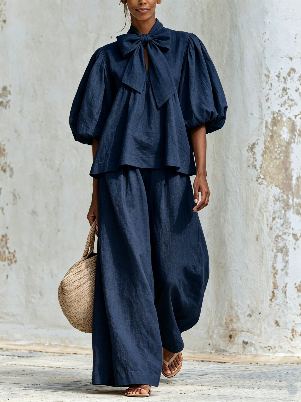 Fiorella | Ensemble haut à nœud et pantalon palazzo