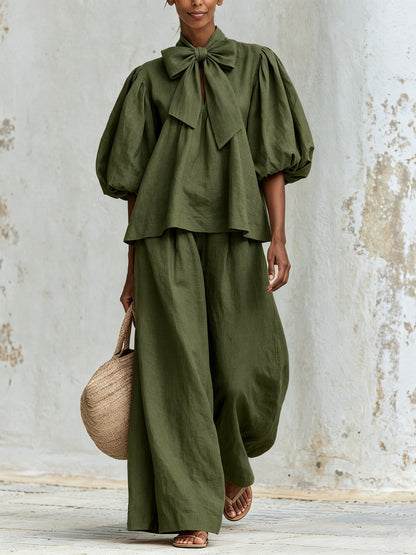 Fiorella | Ensemble haut à nœud et pantalon palazzo