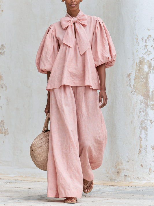 Fiorella | Ensemble haut à nœud et pantalon palazzo
