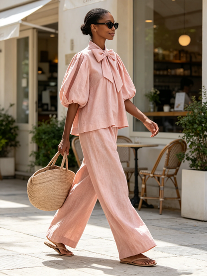 Fiorella | Ensemble haut à nœud et pantalon palazzo