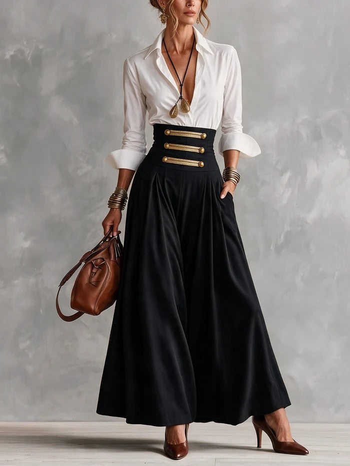 Costanza | Ensemble chemise et jupe maxi taille haute à boutons dorés