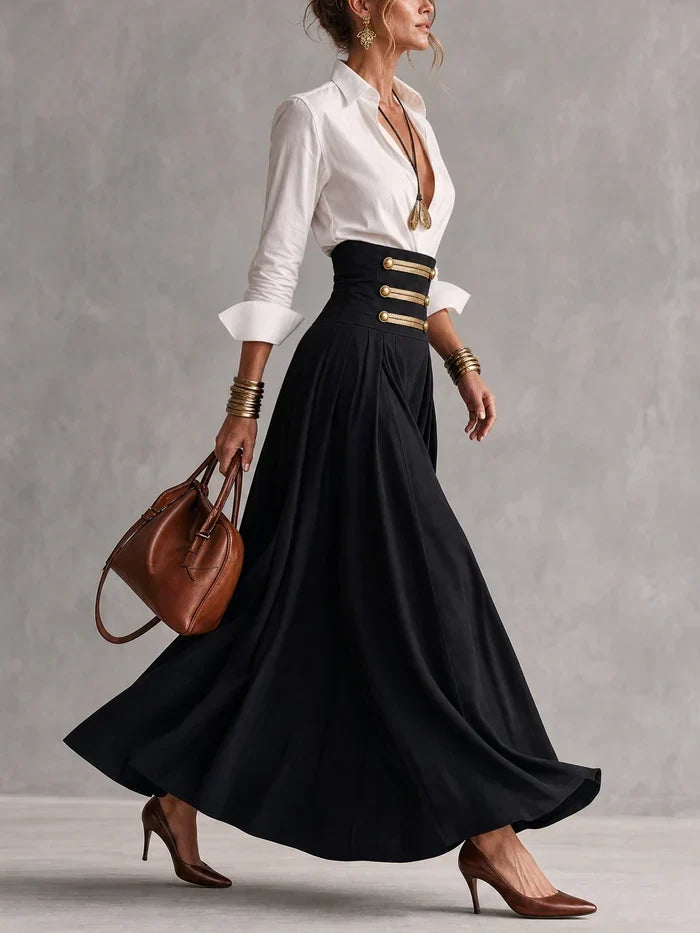 Costanza | Ensemble chemise et jupe maxi taille haute à boutons dorés