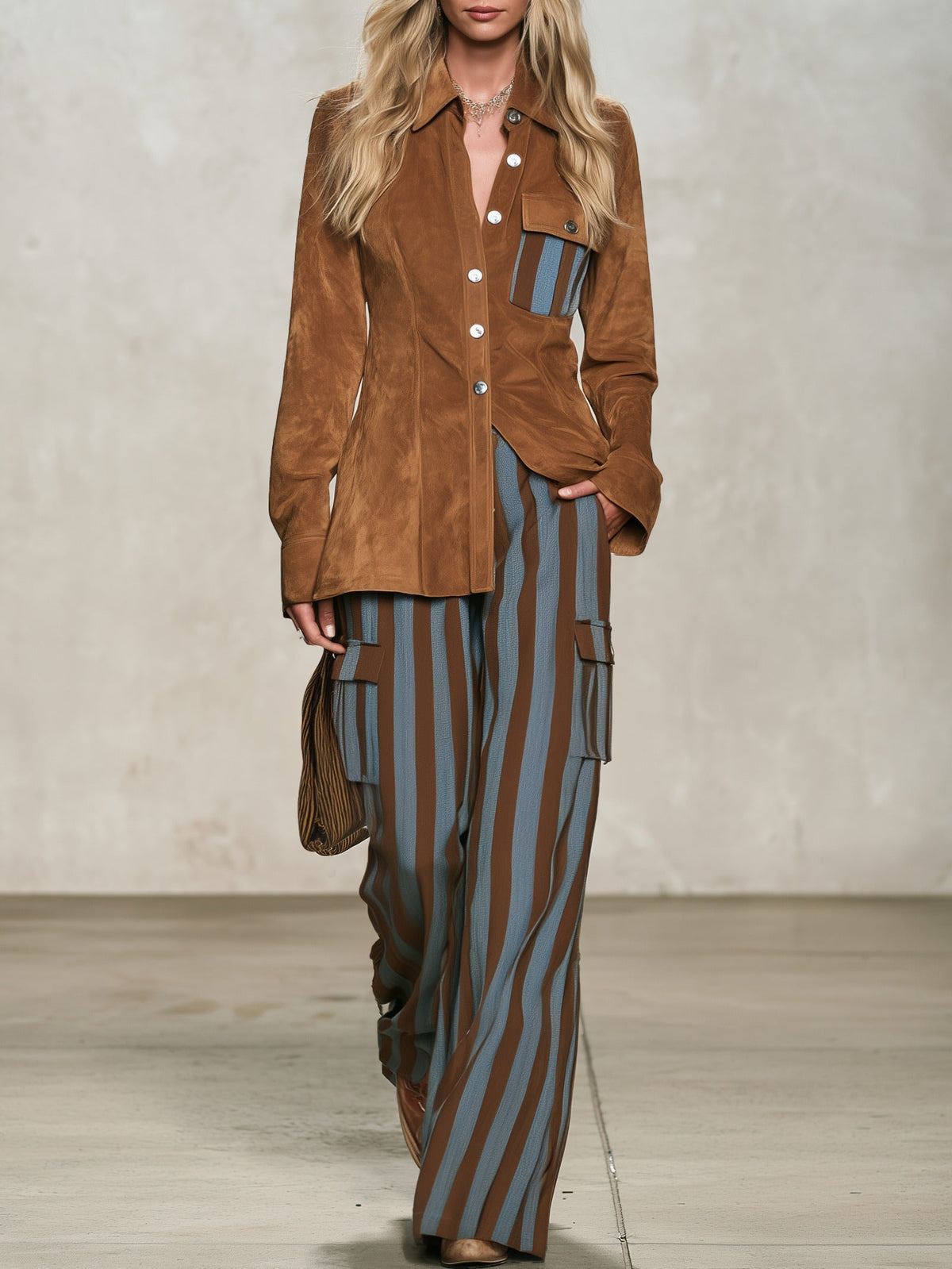 Renata | Ensemble chemise en suédine et pantalon rayé