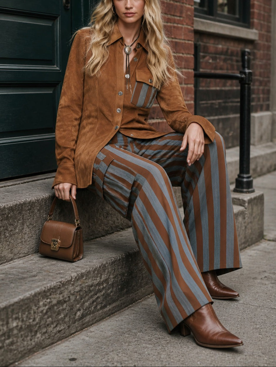 Renata | Ensemble chemise en suédine et pantalon rayé