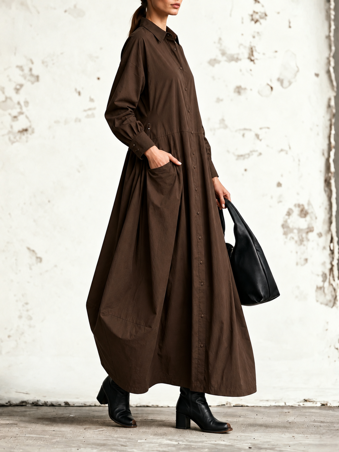 Adele | Robe chemise maxi à manches longues et boutons centraux