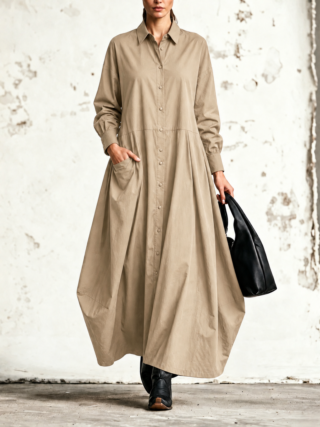 Adele | Robe chemise maxi à manches longues et boutons centraux