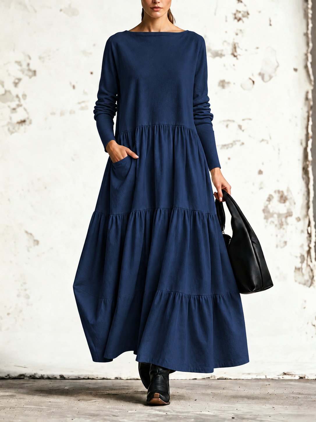 Mirella | Robe maxi à col bateau et jupe à trois volants