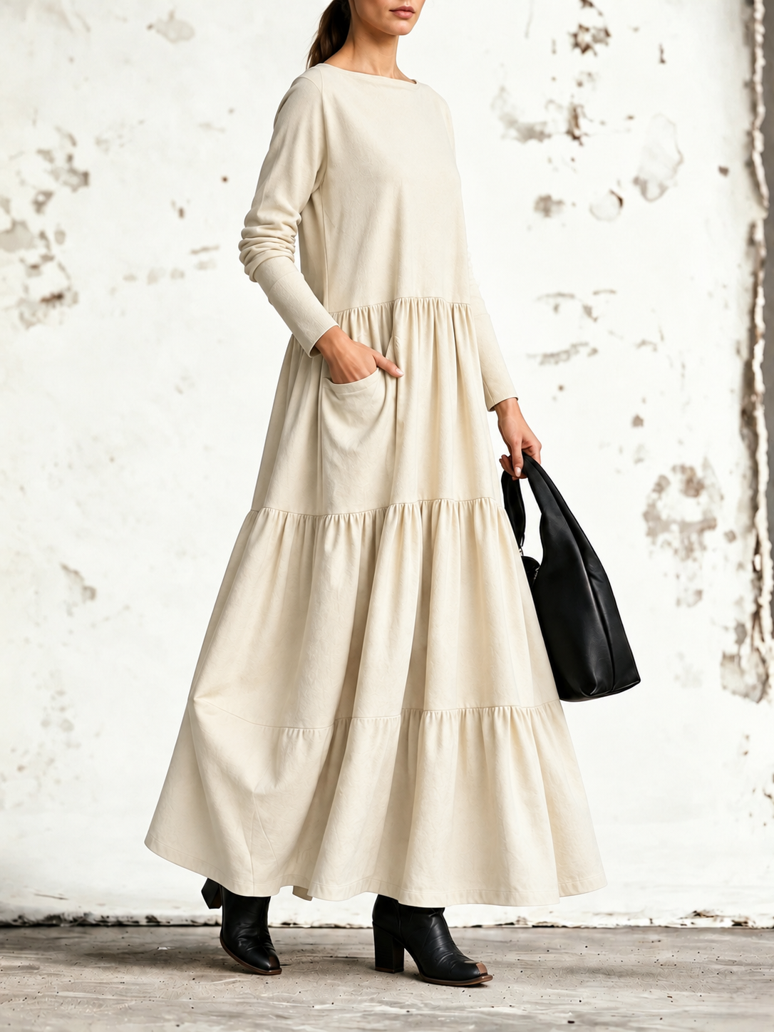 Mirella | Robe maxi à col bateau et jupe à trois volants