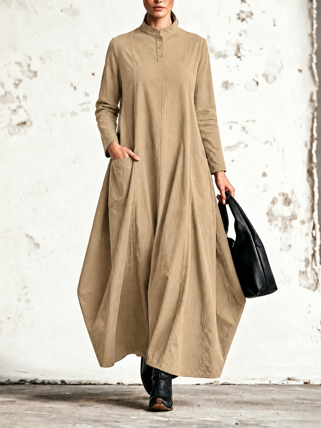 Ornella | Robe maxi à col mao et poches rectangulaires