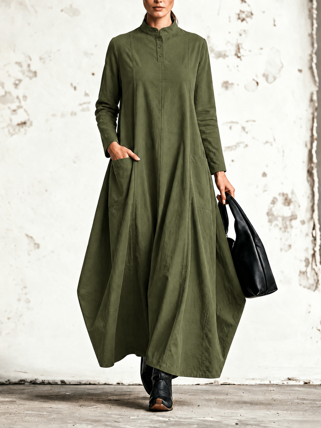 Ornella | Robe maxi à col mao et poches rectangulaires