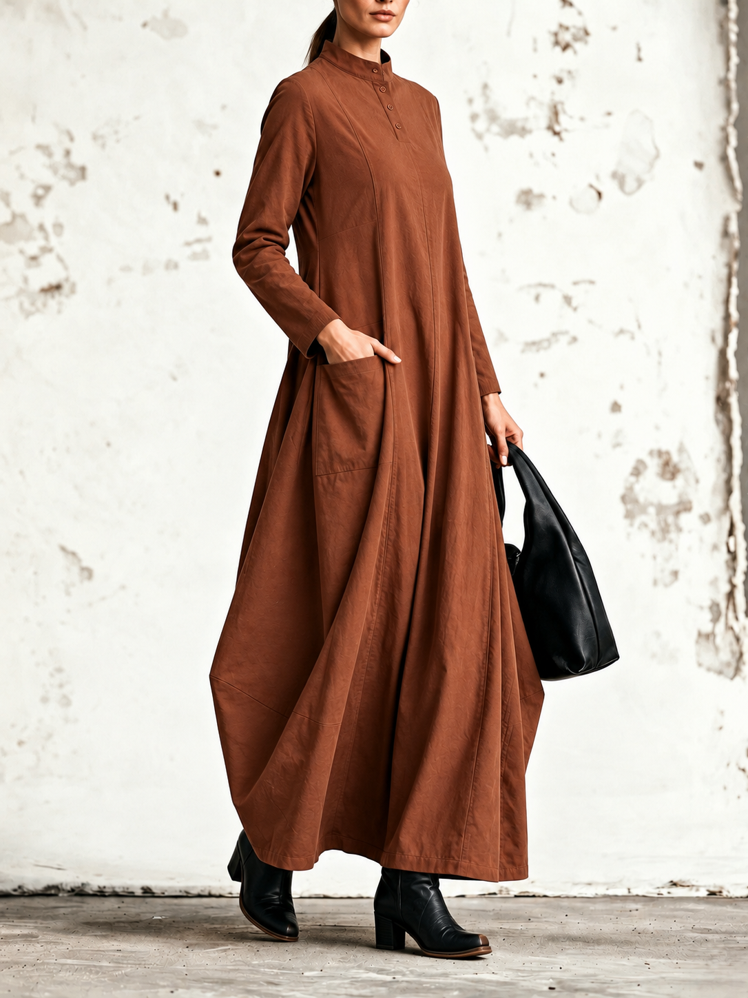 Ornella | Robe maxi à col mao et poches rectangulaires