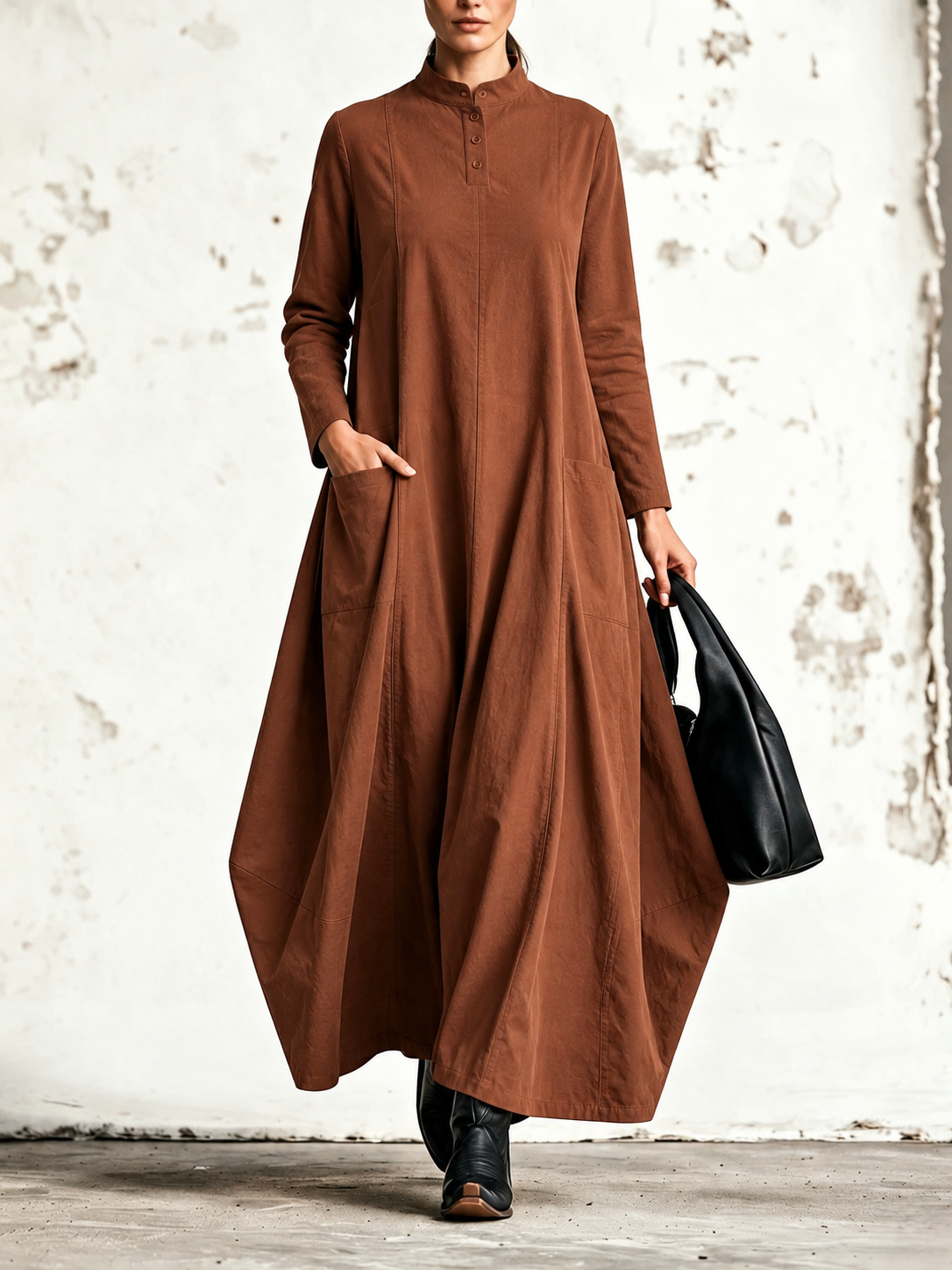 Ornella | Robe maxi à col mao et poches rectangulaires