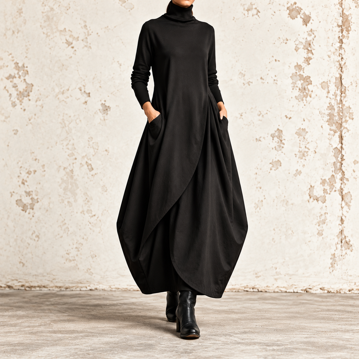 Lucrezia | Robe maxi à col montant et jupe effet portefeuille