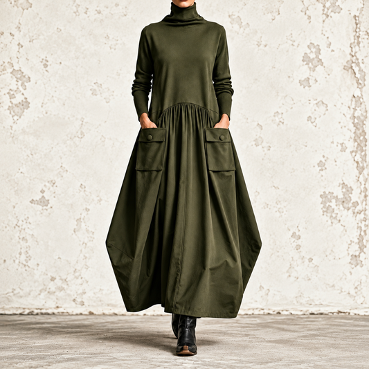 Leda | Robe maxi à col montant et poches à rabat
