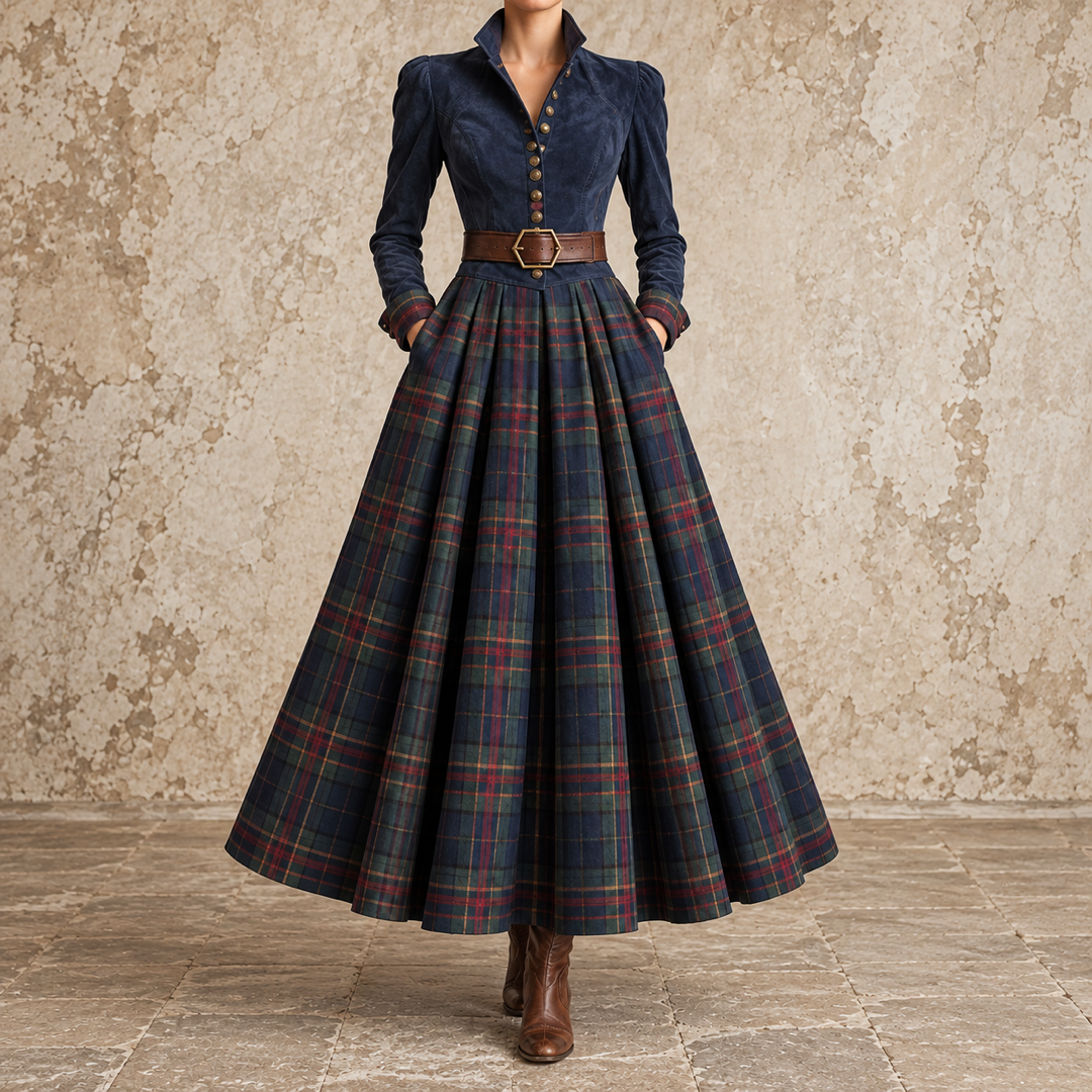 Erminia | Robe maxi à corsage boutonné et jupe à carreaux