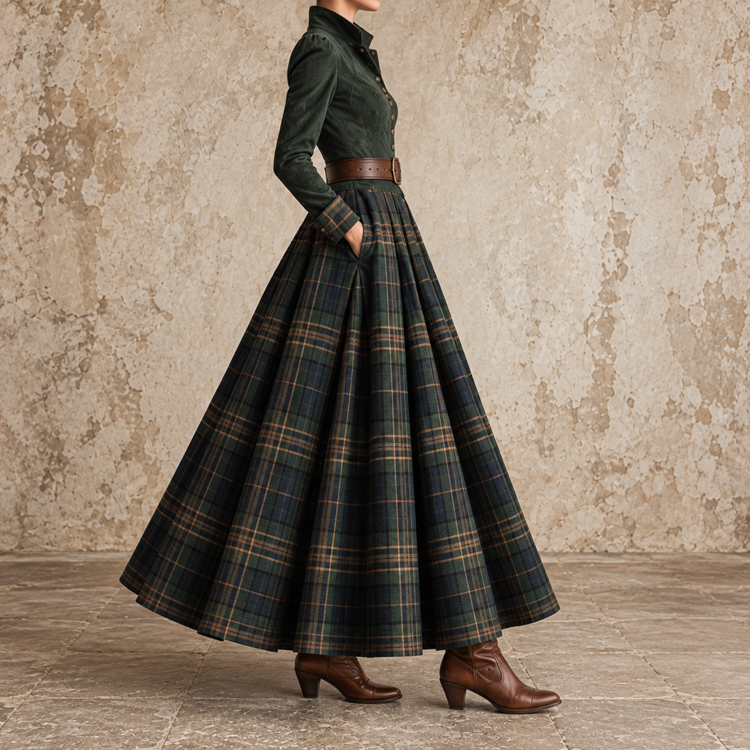 Erminia | Robe maxi à corsage boutonné et jupe à carreaux