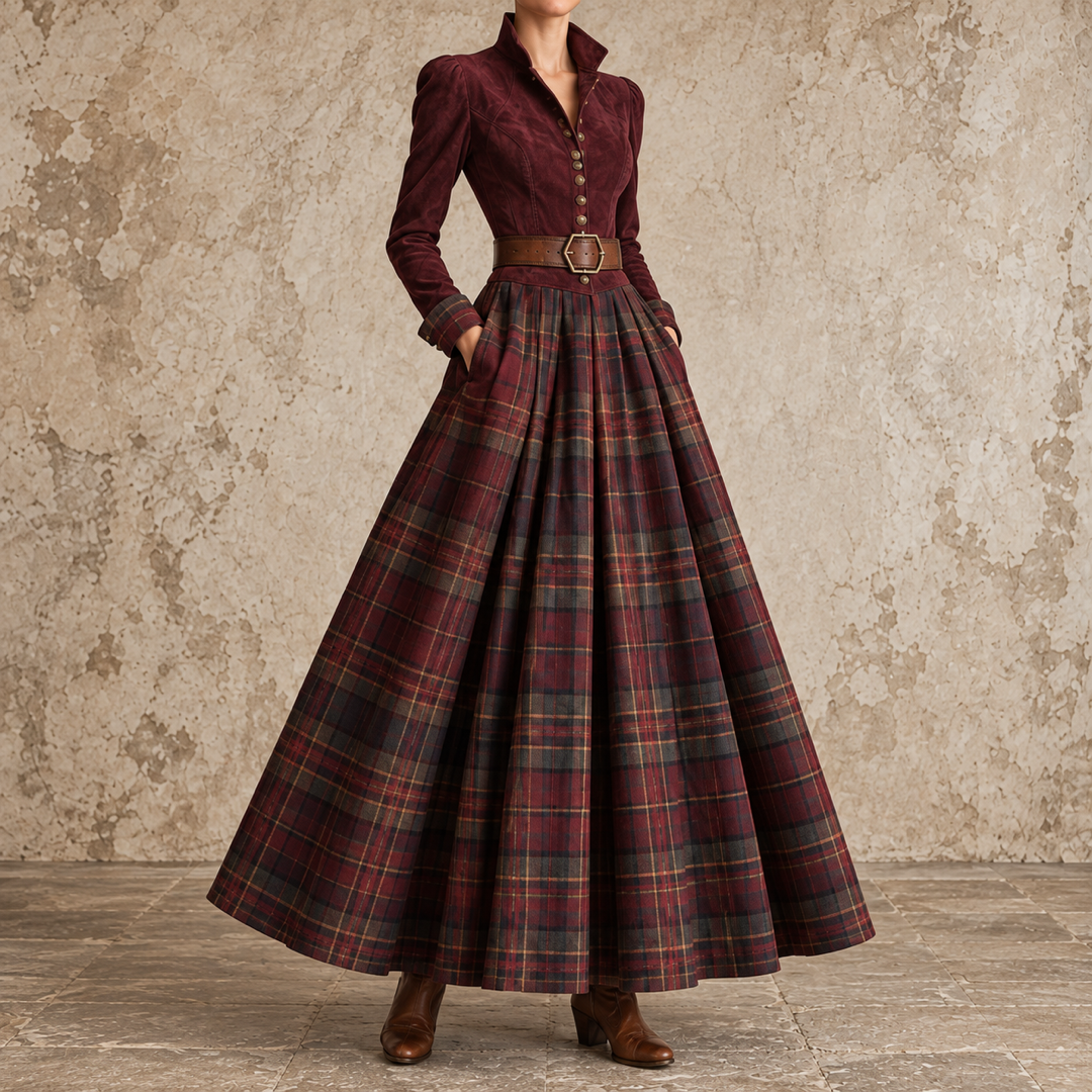 Erminia | Robe maxi à corsage boutonné et jupe à carreaux
