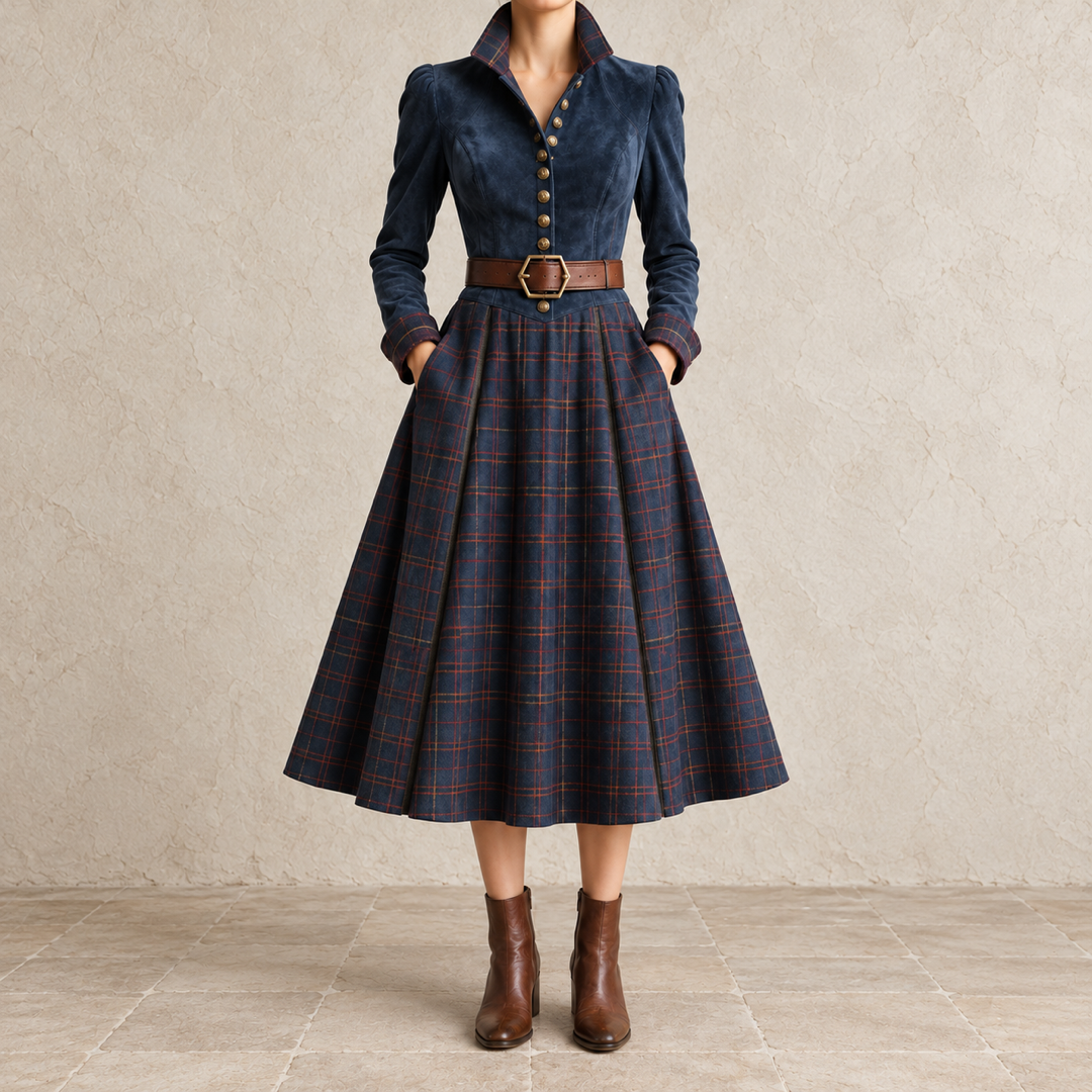 Flaviana | Robe midi à corsage uni et jupe à carreaux