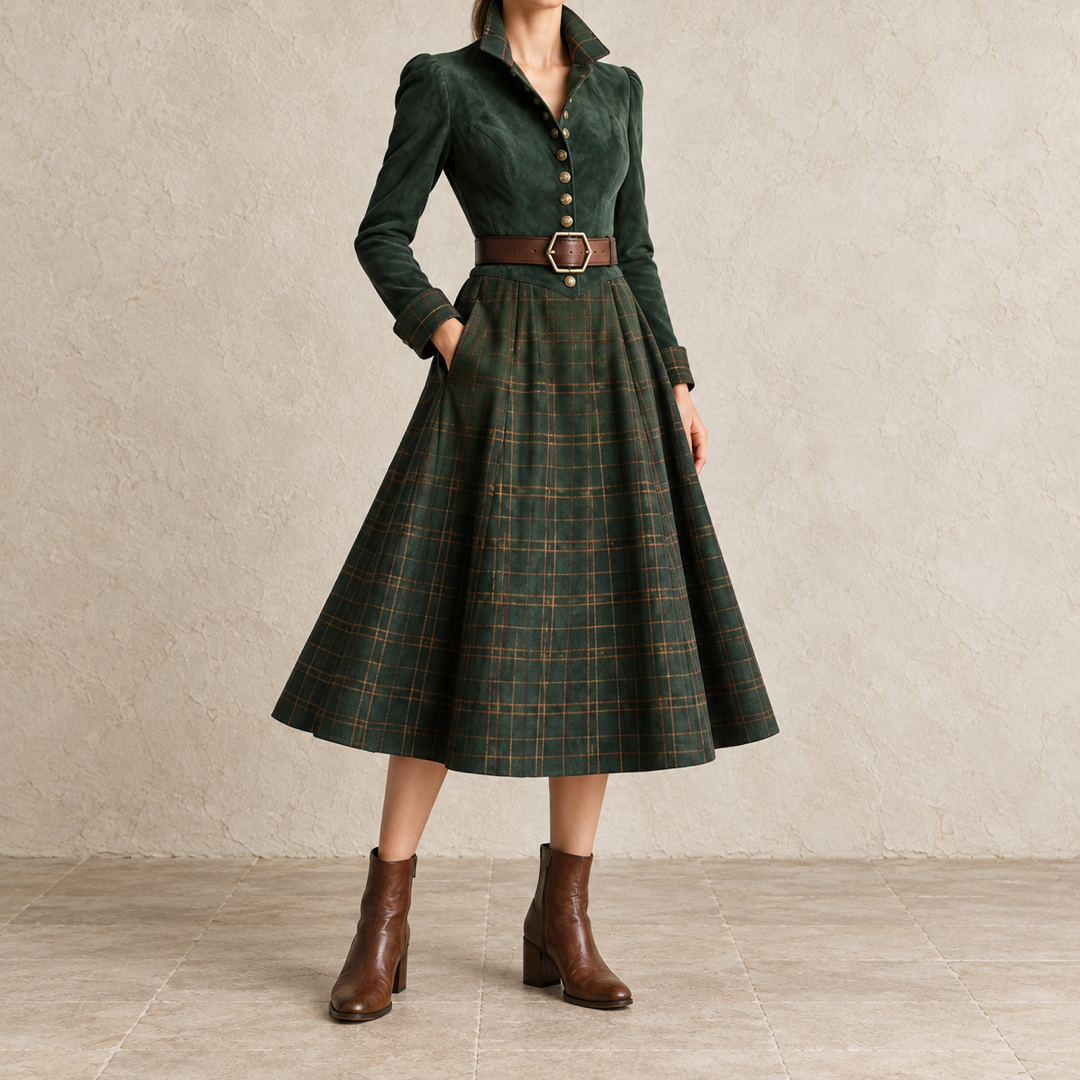Flaviana | Robe midi à corsage uni et jupe à carreaux