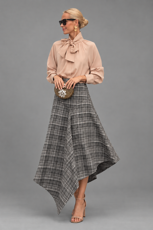 Vittoria | Ensemble blouse à nœud et jupe à carreaux