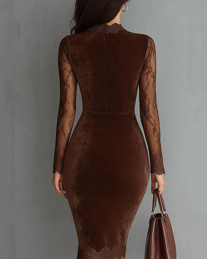 Aurelia | Mini-robe en velours à manches en dentelle, marron