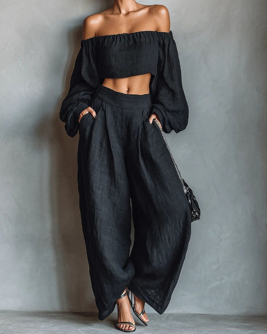 Tessa | Ensemble épaules dénudées et pantalon large, noir