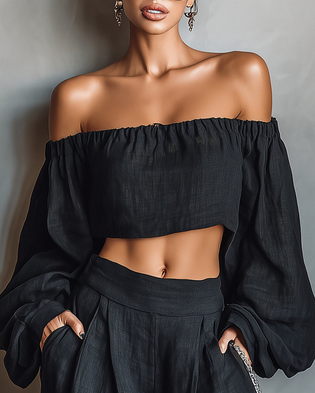 Tessa | Ensemble épaules dénudées et pantalon large, noir